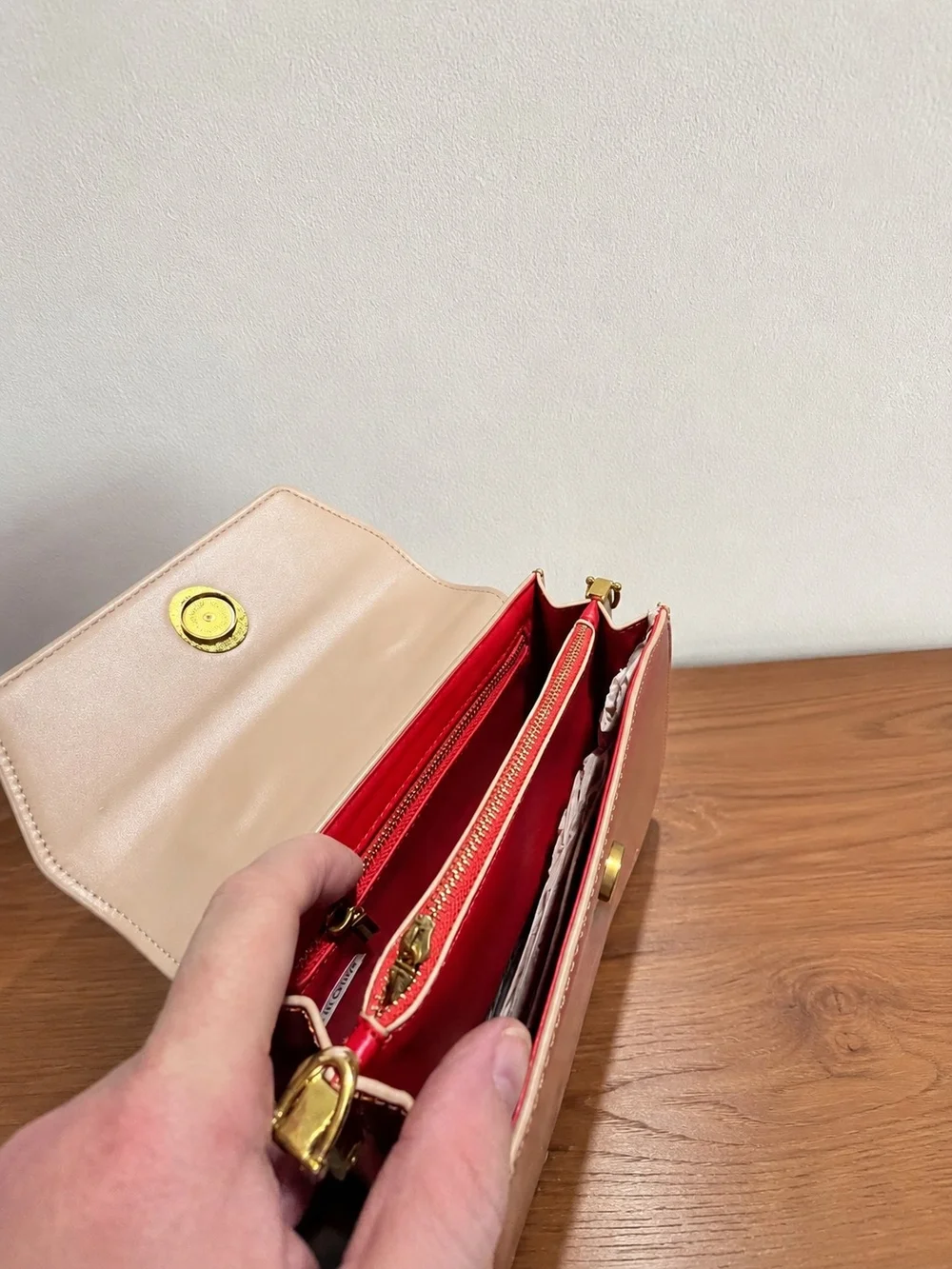 Two-Tone Rust and Beige Structured Top-Handle Satchel